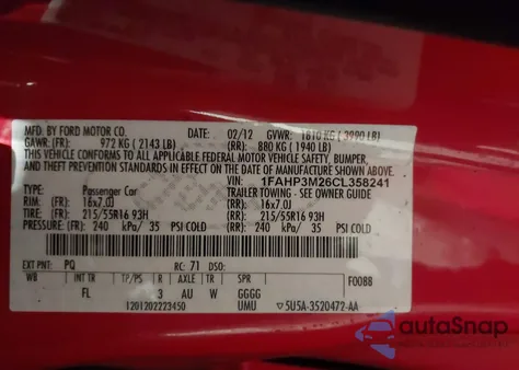 2012 Ford Focus Sel z USA, uszkodzony, nr VIN 1FAHP3M26CL358241